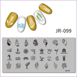 Пластина для друку на нігтях JR-099, друк на нігтях, корабель, окуляри, чайка, якір, мартіні, відпочинок, водорості, рятувальний круг, черепашка, дельфін, пальма, хвилі