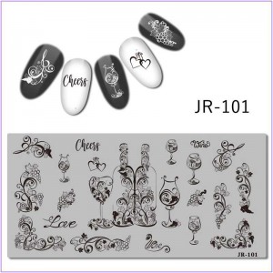 Пластина для друку на нігтях JR-101, кохання, весілля, шампанське, келих, серце, виноград, вензеля, мереживо
