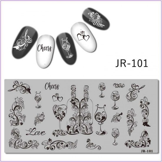 Пластина для печати на ногтях JR-101, любовь, свадьба, шампанское, бокал, сердце, виноград, вензеля, кружево
