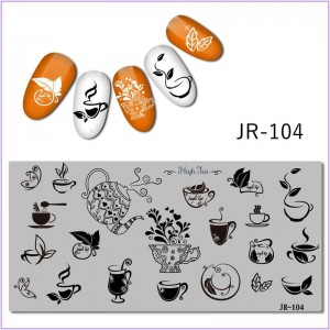 Пластина для печати на ногтях JR-104, кофе, чай, чайник, ложка, бабочка, лимон, чашка, блюдце, бокал, листья