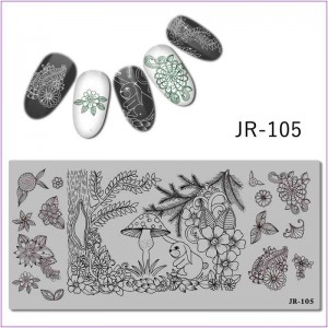 Пластина для печати на ногтях JR-105, стемпинг пластины, лес, гриб, елка, дуб, цветочки, трава