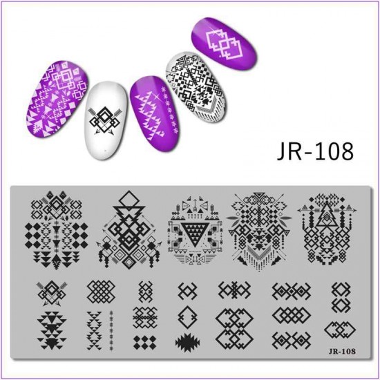Пластина для печати на ногтях JR-108, геометрия, стрела, елка, вышивка, орнамент, узор