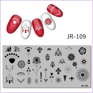JR-109 Nail Art Placa de Impressão Flor Círculos Pontos Monograma Padrão Flores Geometria