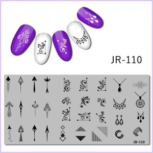 JR-110 Nail Stamping Plate Amuleto Collar Cuentas Gargantilla Monograma Triángulos Puntos Líneas
