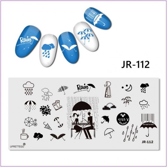 Пластина для печати на ногтях JR-112, дождь, радуга, зонт, свидание, тучи, капля, штрих код, чашка, дождевик