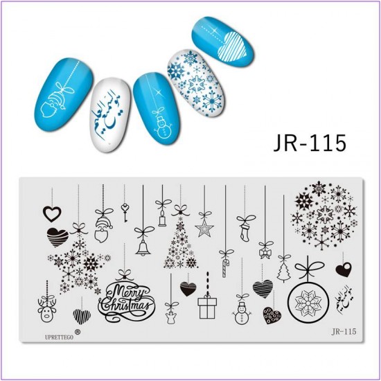 Пластина для печати на ногтях JR-115, снежинки, колокольчик, свеча, сердце, олень, новый год, дед мороз, игрушки на елку, подарок, снеговик