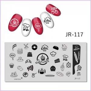 Пластина для друку на нігтях JR-117, кухар, кондитер, піца, вишня, рукавиця, кекс, хліб, пончик, торт, батон