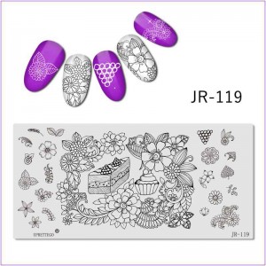 Пластина для друку на нігтях JR-119, пластина для стемпінгу, кекс, серце, шматочок тортика, вишня, квіти, листя
