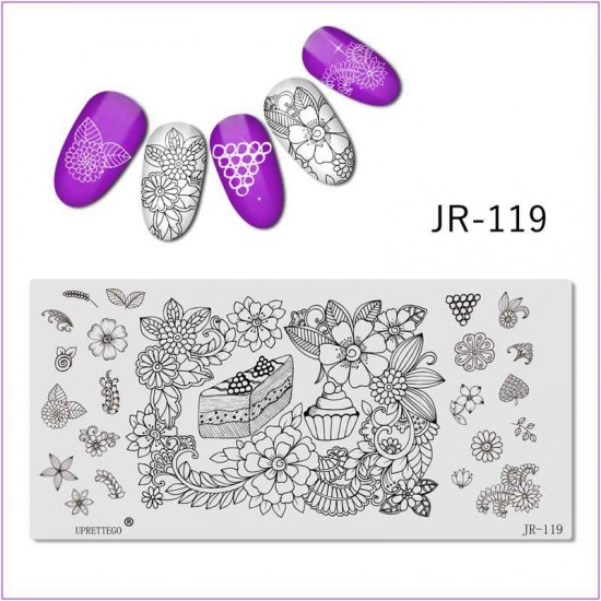 Пластина для печати на ногтях JR-119, пластина для стемпинга, кекс, сердце, кусочек тортика, вишня, цветы, листья