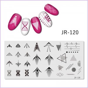 Пластина для печати на ногтях JR-120, стрела, кардиограмма, точки, треугольники, днк, геометрия