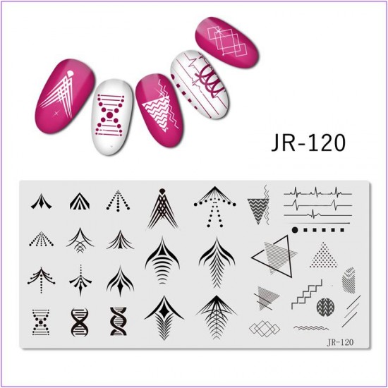 JR-0120 Nail Drukplaat Pijl Cardiogram Dots Driehoeken Dna Geometrie