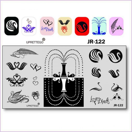 JR-122 Nail Stamping Plate Love Feather Swan Fountain Heart Birds Nail Stamping Plate