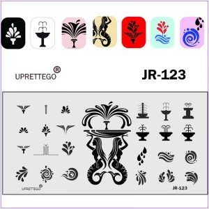 Пластина для друку на нігтях JR-123, пластина для стемпінгу, фонтан, вода, краплі, вензелі.