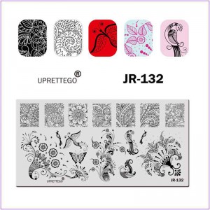 Plate for printing on nails JR-132, peacock, monograms, dots, flowers, leaves, pattern, ornament