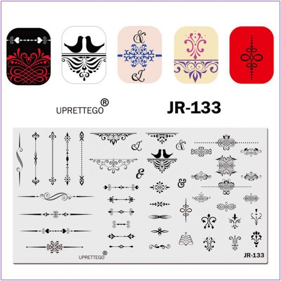 Пластина для печати на ногтях JR-133, пластина для стемпинга, вензеля, сердце, завитки, узор, птицы, любовь