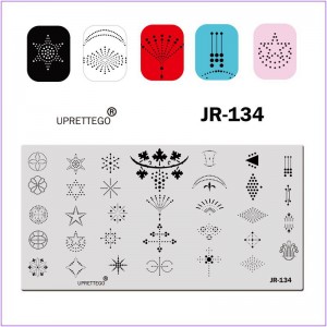 JR-134 Placa de impresión de uñas Puntos Patrones de puntos Triángulo Rombo Medio círculo Hoja de arce Estrella Flor