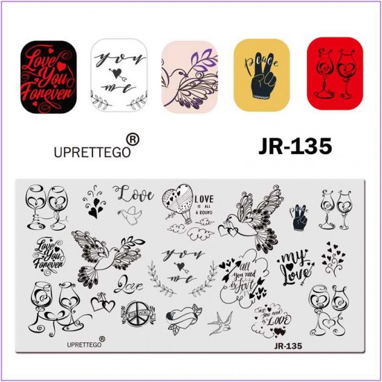 Пластина для печати на ногтях JR-135, голуби, любовь, рука, воздушный шар, ласточка, сердце, бокалы, свадьба