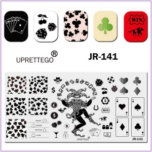 Пластина для печати на ногтях JR-141, джокер, мартини, вишня, деньги, конь, карты, пики, червы, трефы, бубны, покер