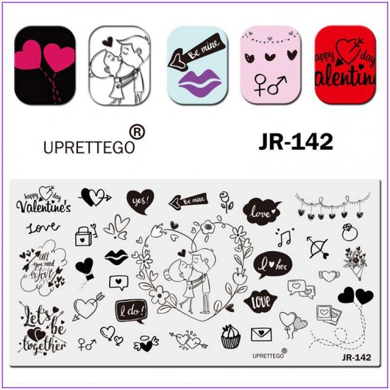 Пластина для печати на ногтях JR-142, любовь, кольцо, фото, письмо, стрела Амура, ноты, кекс, губы, воздушный шар