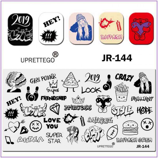 Пластина для друку на нігтях JR-144, дівчина, корона, плюшевий ведмідь, дівчина в навушниках, алмаз, м'яч, піца, кохання, серце, боулінг, картопля фрі