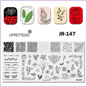 Platte zum Bedrucken von Nägeln JR-147, Glocke, Blumen, Blätter, Herz, Pfeil, Glas, Muster, Textur, Punkte, Linien