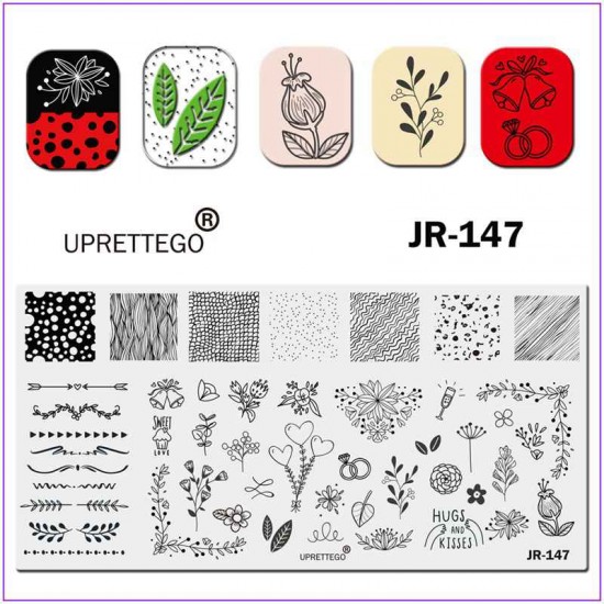 Пластина для печати на ногтях JR-147, колокольчик, цветочки, листочки, сердце, стрела, бокал, узор, текстура, точки, линии