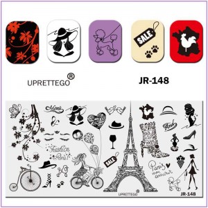 Пластина для печати на ногтях JR-148, Эйфелевая башня, дама с собачкой, сапоги в цветах, собачка, велосипед, Париж, бокал, шляпа, петух