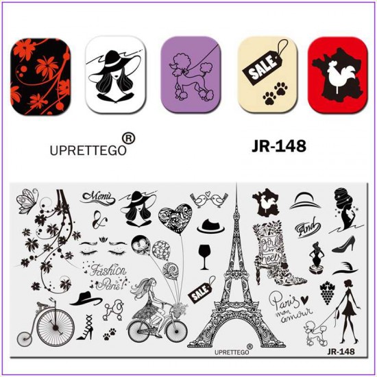JR-0148 Placa de impresión de uñas Torre Eiffel Dama con perro Flores Botas Perrito Bicicleta París Copa de vino Sombrero Gallo