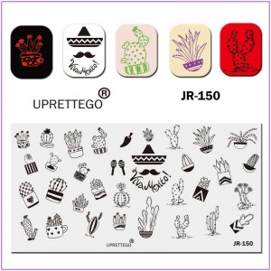 Пластина для друку на нігтях JR-150, стемпінг на нігтях, кактус, капелюх, вуса, перець, чашка, кімнатна рослина