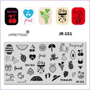 Пластина для друку на нігтях JR-151, фрукти, купальник, ягоди, сліди, літо, пальма, капелюх, дівчина з фруктами