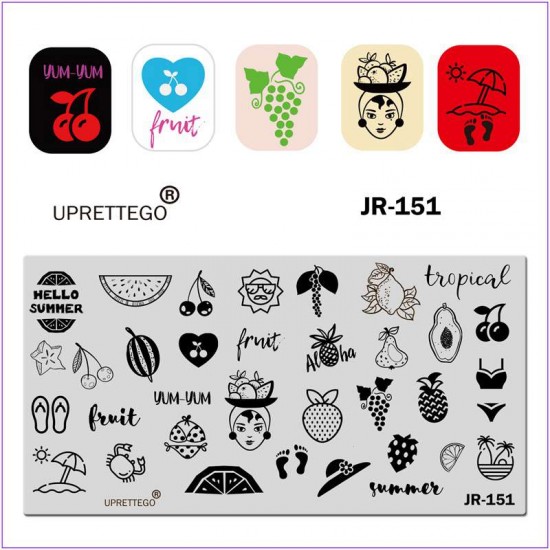 Пластина для печати на ногтях JR-151, фрукты, купальник, ягоды, следы, лето, пальма, шляпа, девушка с фруктами