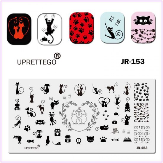 Пластина для печати на ногтях JR-153, кот, кошка, мышка, лапки, рыбка, консерва, медаль, корм