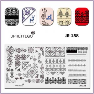 Пластина для друку на нігтях JR-158, вишивка, орнамент, олені, серце, ялинка, сніжинка, квіти