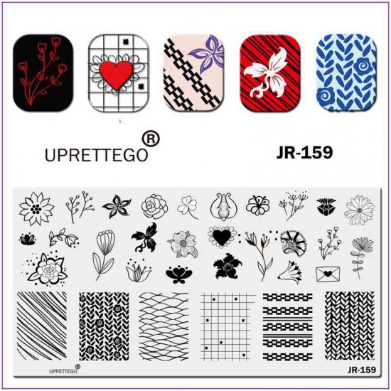 Пластина для печати на ногтях JR-159, цветочки, сердце, письмо, вязание, линии, точки