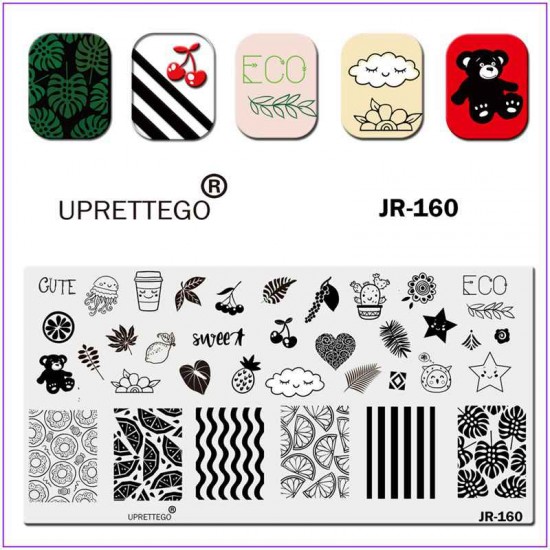 Пластина для печати на ногтях JR-160, эко, долька лимона, кривые линии, пончики, звезда, стакан кофе, медведь, лимон, листья