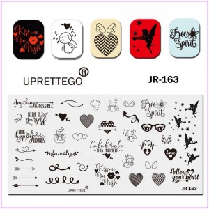 Пластина для печати на ногтях JR-163, любовь, ангелочки, стрела, птичка, облако, кардиограмма, очки, сердце