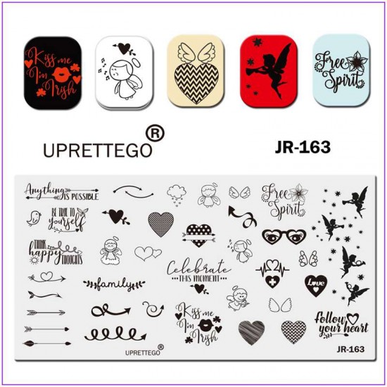 Пластина для друку на нігтях JR-163, кохання, ангелочки, стріла, пташка, хмара, кардіограма, окуляри, серце
