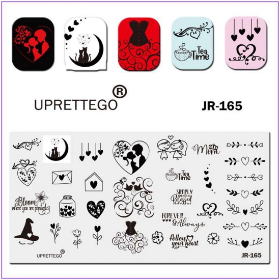 JR-165 Nail Stamping Plate Love Couple Lettering Cats in the Moon Love Heart-3142-uprettego-estampillage