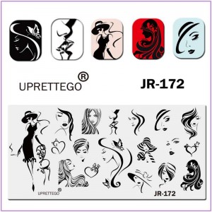 JR-172 Placa de Impressão de Unhas Senhora Cabelo Borboleta Gato Coração Beijo Menina Silhueta Rosto Chapéu Menina