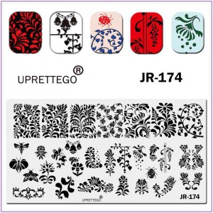 Placa para impressão em unhas JR-174, ornamentos florais, monogramas, folhas, mosca, joaninha, uvas, sinos, vespa em uma flor