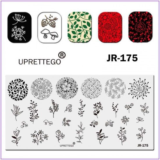 Пластина для печати на ногтях JR-175, стемпинг на ногтях, грибочки, цветы, роза, укроп, растительный орнамент