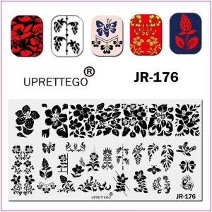 JR-176 placa de impresión para decoración de uñas, monograma vegetal, mosca, fresa, mariposa, flores, hojas