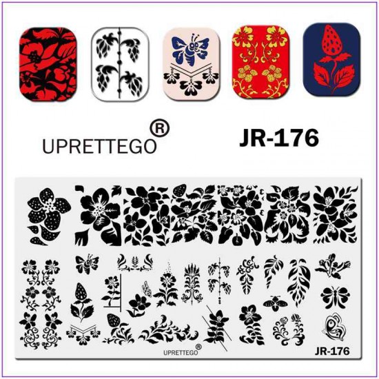 Пластина для печати на ногтях JR-176, печать на ногтях, растительные вензеля, муха, клубника, бабочка, цветы, листья