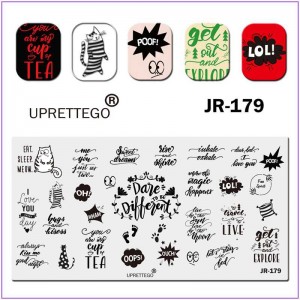 Пластина для друку на нігтях JR-179, смугастий кіт, любовні фразочки, фрази англійською