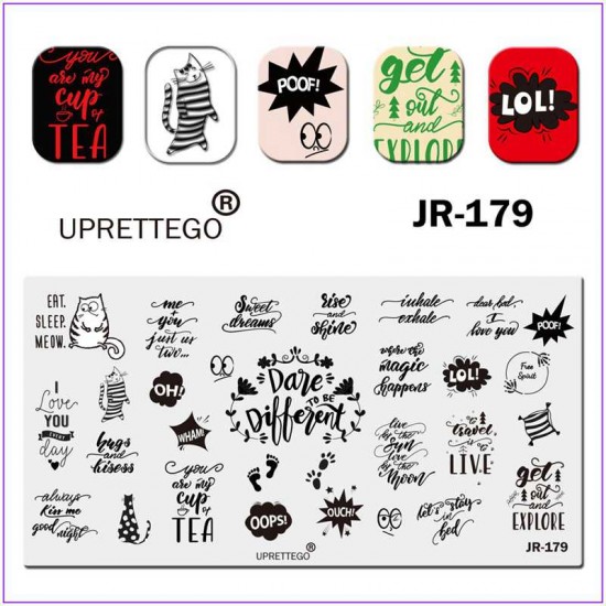JR-0179 Placa de impresión de uñas Gato atigrado Frases de amor Frases en inglés