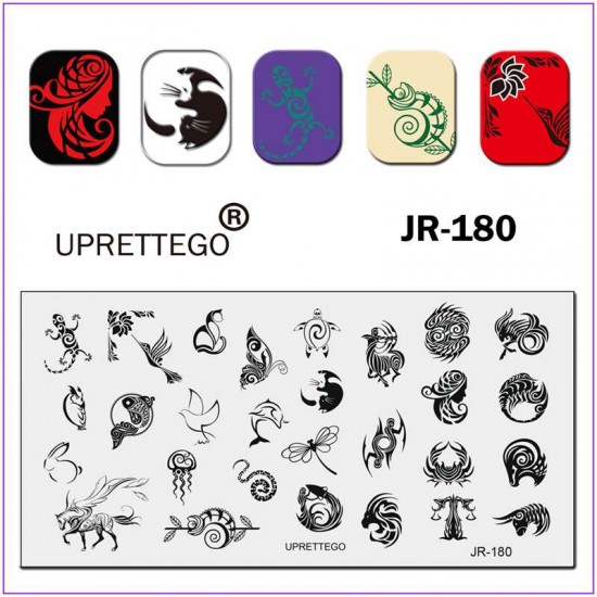 Пластина для печати на ногтях JR-180, животные, вензеля, птица, тритон, черепаха, хомелеон, бабочка, стрекоза, змея