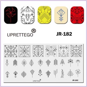 Пластина для друку на нігтях JR-182, геометричні орнаменти, олень, круги, квадрати, трикутники, листя, квіти.