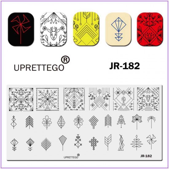Пластина для печати на ногтях JR-182, геометрические орнаменты, олень, круги, квадраты, треугольники, листья, цветы