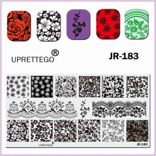 Пластина для печати на ногтях JR-183, стемпинг на ногтях, растительные орнаменты, роза, птица, 0 цветы, листочки