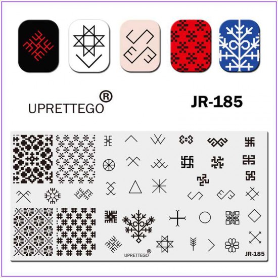Пластина для печати на ногтях JR-185, пластина для стемпинга, геометрический орнамент, линии, квадраты, круг, снежинка
